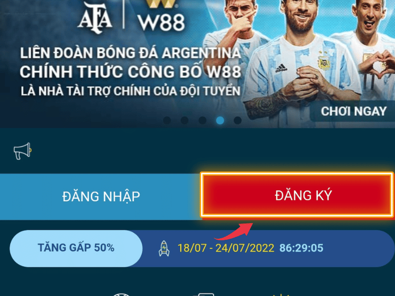 đăng ký tài khoản w88 dễ và nhanh nhất 5 chọn nút đăng kí để đăng kí tài khoản w88 bản di động