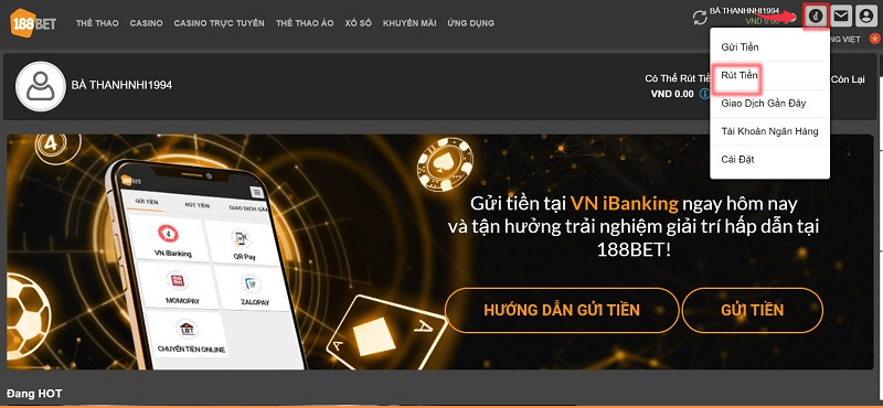 rút tiền 188bet: phương pháp nhanh chóng và an toàn 2 đăng nhập chọn mục rút tiền
