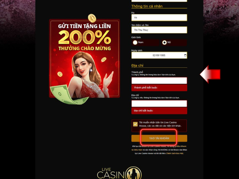 hướng dẫn đăng ký live casino house nhanh chóng 4 điền thông tin cá nhân đầy đủ