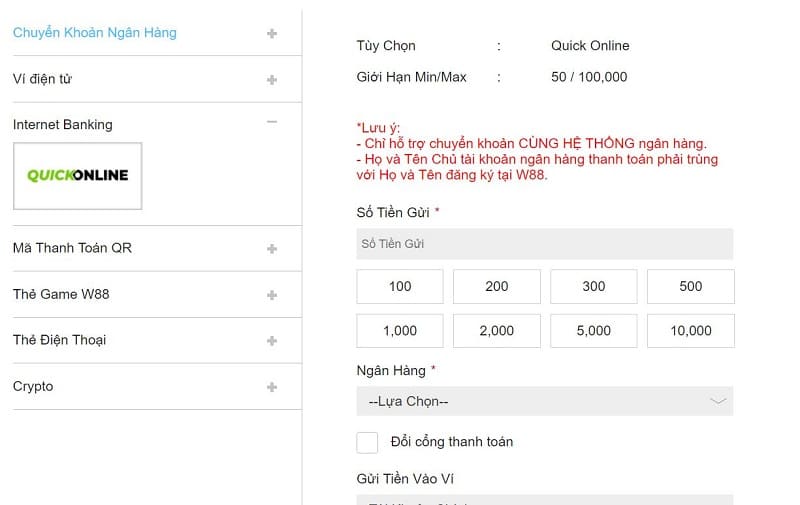 nạp tiền w88 cực nhanh và thành công 100% 5 nạp tiền w88 qua phương thức internet banking