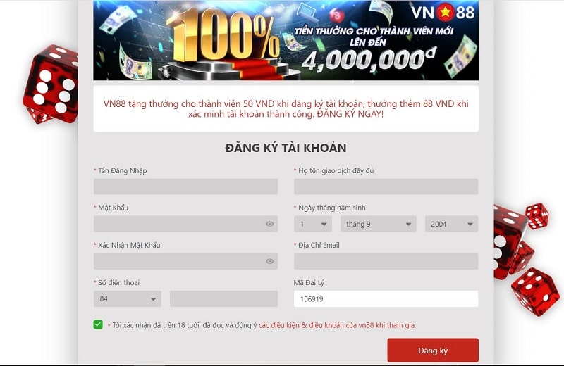 đăng ký tài khoản vn88 một cách dễ dàng và thuận tiện cho người chơi mới 2 nhập thông tin đăng ký vn88