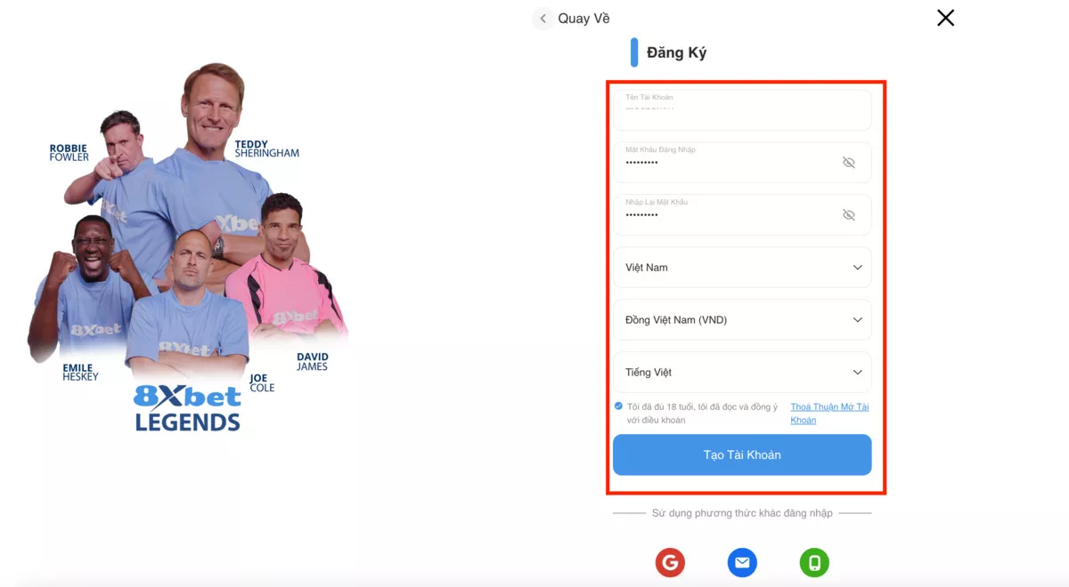 đăng ký 8xbet - cách mở tài khoản 8xbet nhanh chóng với 3 bước 2 nhập thông tin yêu cầu đăng ký 8xbet